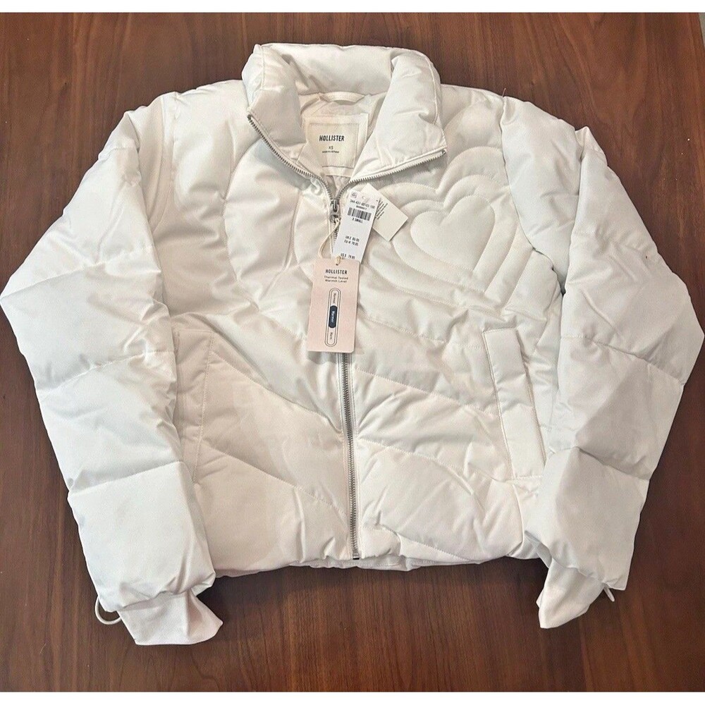 Hollister Women's Puffer Jacket XS White Quilted Full Zip Pockets